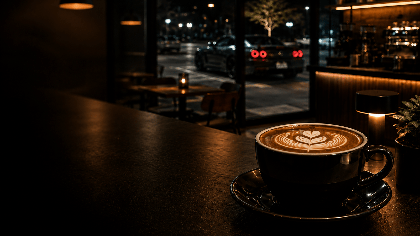 A latte with rosetta art on a dark café table.